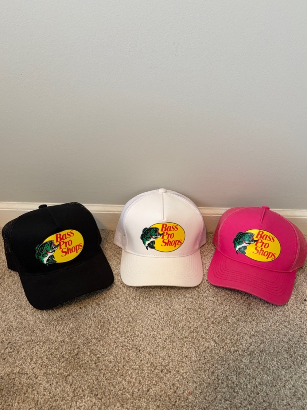 Bass Pro Shops Trucker Hats in Black, White & Hot Pink